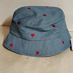 Backstage Denim Bucket Hat Women's Macy's Embroidered Red Hearts One Size